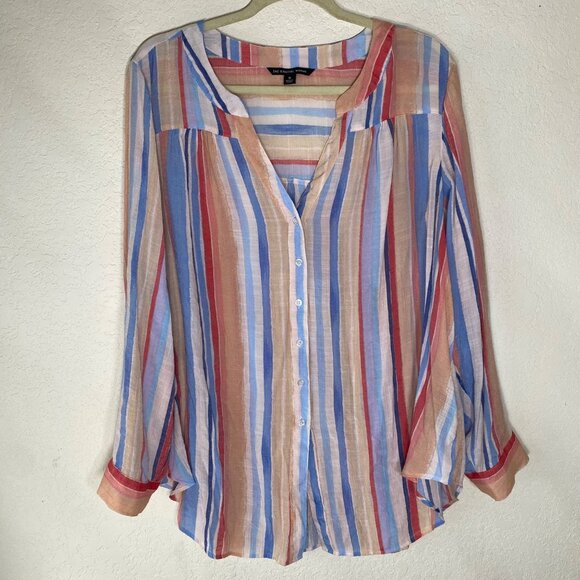 Zac & Rachel Button Up Blouse Woman 1X Striped Coastal Relaxed Beach Resort - Picture 1 of 13